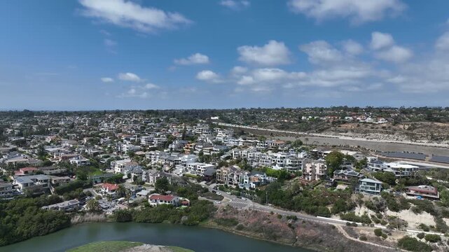 Aerial view of Cardiff by the Sea, beach community in the incorporated city of Encinitas in San Diego County, California, USA. The Pacific Ocean is to the west of Cardiff