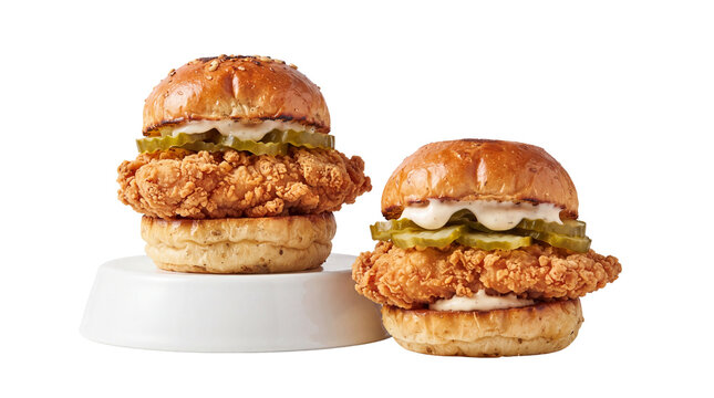 Crispy fried chicken sliders with pickles on brioche buns. Gourmet mini chicken burgers with spicy mayo. Fast food appetizers on white background.