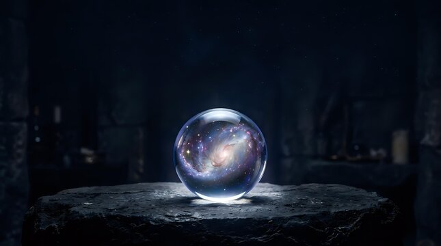 Glowing crystal sphere with galaxy and stars on dark stone