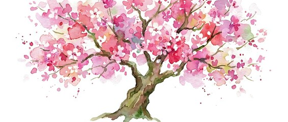 Fototapeta premium Watercolor painting of flowering tree with pink blossoms