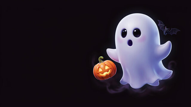 Cute Halloween ghost floating with carved pumpkin, adorable spooky spirit on black background, festive holiday illustration
