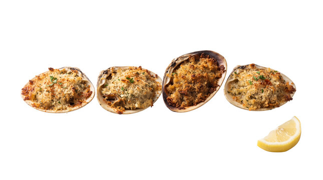 Baked stuffed clams with breadcrumbs and herbs, gourmet seafood appetizer on white background, roasted clams casino with lemon