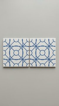 Ceramic tiles with geometric lattice pattern in blue and white