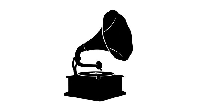 Vintage gramophone silhouette, antique record player icon, retro music equipment on white background, classic phonograph graphic