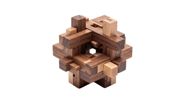 Wooden burr puzzle, interlocking 3D timber brain teaser, geometric wood block logic game isolated on white background