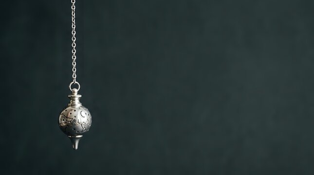 Ornate silver pendulum with filigree ball hanging from chain