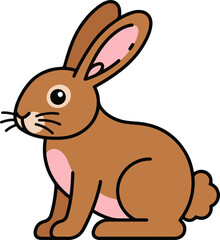 Fototapeta premium Rabbit Sitting Profile Flat Vector Icon with Pink Ears and Belly Cute Brown Hare Character for Children Book Illustration