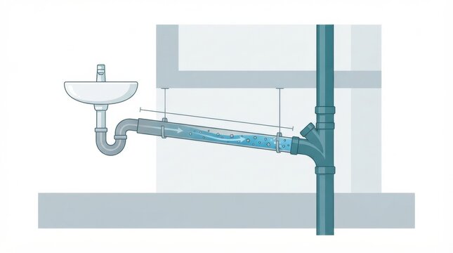 A drainage plumbing system for a residential setup, detailing the pipe gradient and septic tank connection.