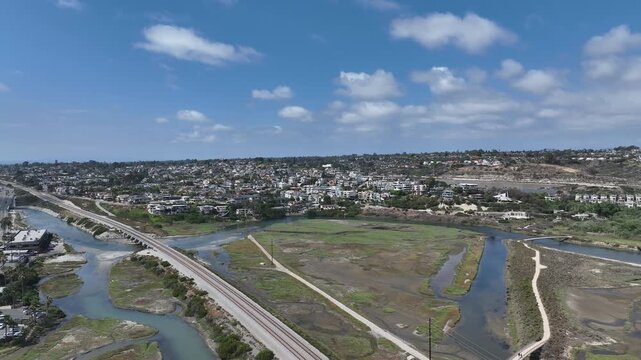 Aerial view of Cardiff by the Sea, beach community in the incorporated city of Encinitas in San Diego County, California, USA. The Pacific Ocean is to the west of Cardiff