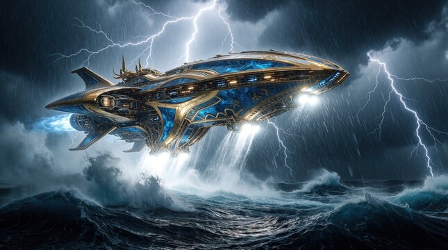 Ornate spaceship descends through stormy sky over turbulent ocean. Lightning strikes illuminate vessel as water splashes against hull. Dramatic arrival in dark, wet environment.