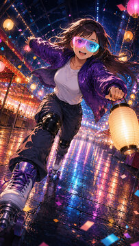 Anime style illustration of an excited girl on roller skates gliding through a neon lit night festival holding a glowing paper lantern amid falling confetti, 紙吹雪の舞うネオンの夜祭りを、光る提灯を手にローラースケートで滑り抜ける女の子 アニ