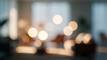 Fototapeta premium Soft focus interior scene with warm bokeh lights. Abstract background creates calm modern ambiance. Gentle blur suggests comfort peaceful space. Gentle light tones add warmth.