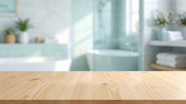 Wooden tabletop in bright blurred bathroom interior for luxury product display mockup and home spa wellness design.