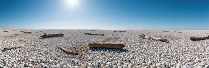 Fototapeta premium Expansive white pebble beach with scattered driftwood logs under a clear blue sky with bright sun. Secluded coastal area offers natural serene environment for relaxation and contemplation.