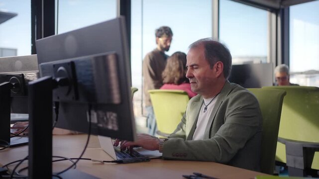 Professional businessman deeply concentrating on laptop while female colleague works in background, showcasing focused workplace collaboration and strategic problem solving