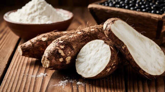 Raw cassava roots with white flour, black beans arranged on wooden table. Ingredients for cooking healthy starch based meals prepared for kitchen use. Nutrient rich tubers offer versatile culinary