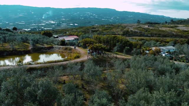 Aerial drone view of a rural landscape with olive groves, a pond, and mountains in Villa de Leyva, Colombia