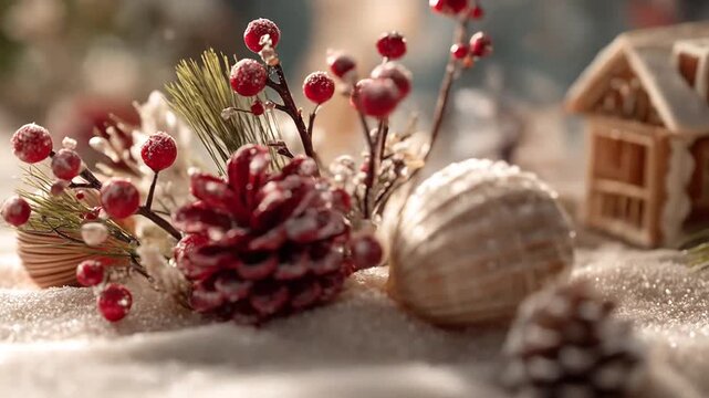 Red pinecone and winter berries on snow background