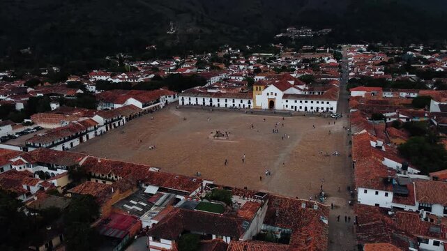 Aerial view of Plaza Mayor in Villa de Leyva, historic colonial town square in Boyaca, Colombia