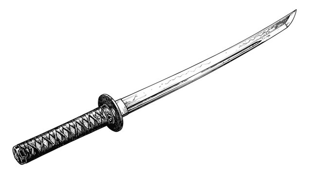 Traditional Japanese katana sword featuring sharp steel blade and detailed textured handle in black ink style