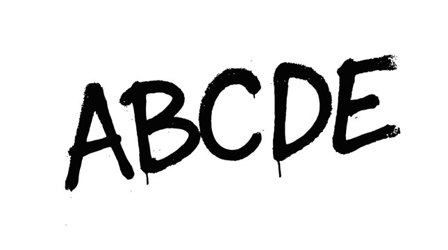 Bold black spray paint letters spelling abcde created with textured artistic stencil on white wall surface