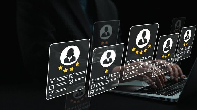 Digital representation of professional profiles with feedback and ratings, highlighting the importance of evaluations and assessments in recruitment processes Gluon.