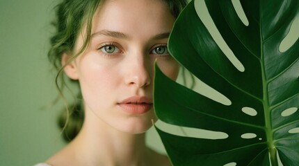 Obraz premium Woman face near big green leaf. Model has clear skin and natural makeup. Green background implies organic beauty and freshness. Close up portrait implies skincare focus.