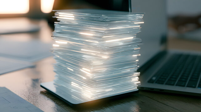 A glowing pile of documents beside a laptop indicates digital transformation and electronic data processing in a contemporary office setting