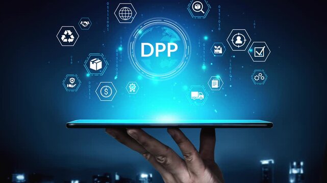 Technology Concept with Hand Holding Tablet and Digital Icons Representing Data Management and Analytics in Dark Environment. Entropy.