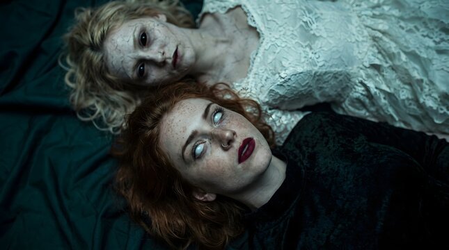 Two creepy gothic women lying down, one with white eyes and red hair in black dress, one pale blonde in white lace dress, looking possessed and spooky in a dark horror portrait