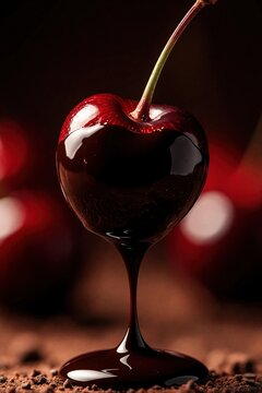 Ripe cherry covered in dark chocolate sauce. Liquid chocolate drips onto cocoa powder. Sweet dessert concept with artistic abstract background. Luxurious confection food.