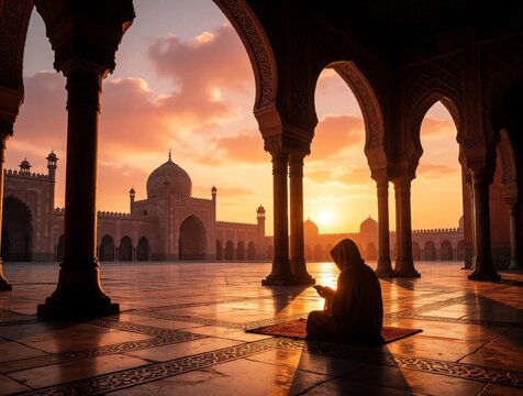 Solitary figure in prayer atop marble floor. Architectural marvel with arches, columns bathed in golden hour light. Courtyard leads to majestic mosque with domes, minarets, intricate designs.