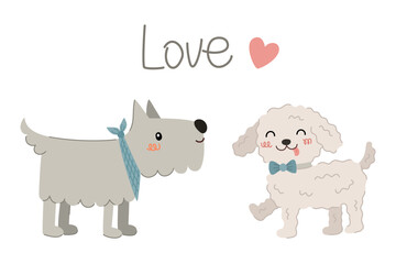 Naklejka premium Dog love poster vector illustration. Cute terrier and bichon frise puppies with bow tie, scarf and text Love with heart in minimalist style. Childish silly doodle pet clipart isolated