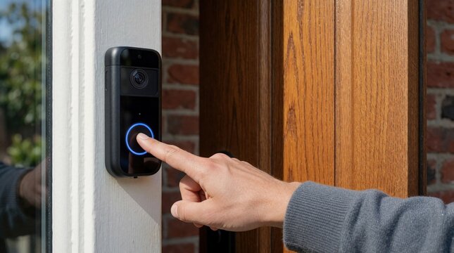 Close up of hand pressing smart video doorbell button at house entrance. Person uses digital device for home security, monitoring. Modern wireless camera system provides safe access, electronic entry