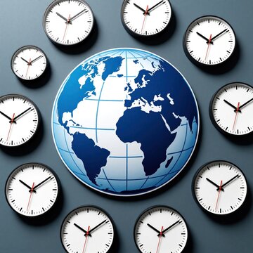 Clocks surround globe graphic showing world time zones. Global business synchronization and international coordination concept. Planning meetings across continents.