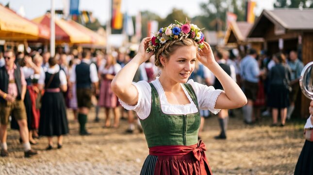Smiling woman in traditional Bavarian dirndl adjusting a colorful flower crown at an outdoor German festival