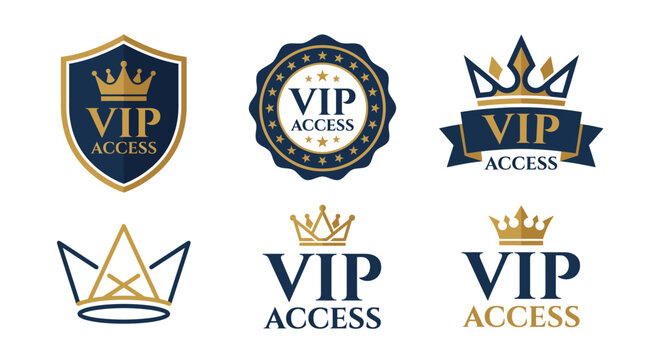 This image showcases a collection of elegant VIP access logos and badges featuring crowns, stars, and premium design elements, perfect for exclusive events and services.