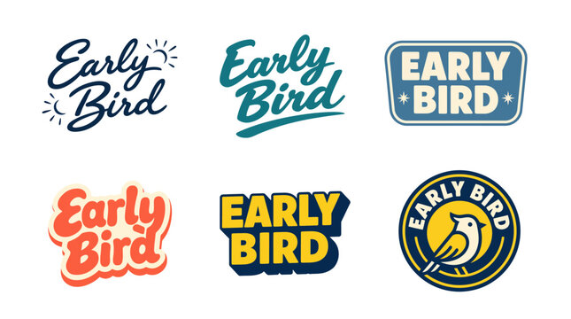 This collection features a range of playful badges showcasing the 'Early Bird' theme, perfect for promotions encouraging early action and decision-making.