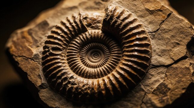 Close up view of ammonite fossil embedded in brown stone slab. Prehistoric sea creature imprint preserved in rock. Ancient paleontological relic shows spiral shell pattern from millions of years ago
