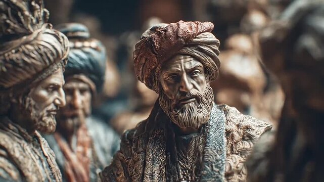Ornate statues of turbaned men in traditional robes