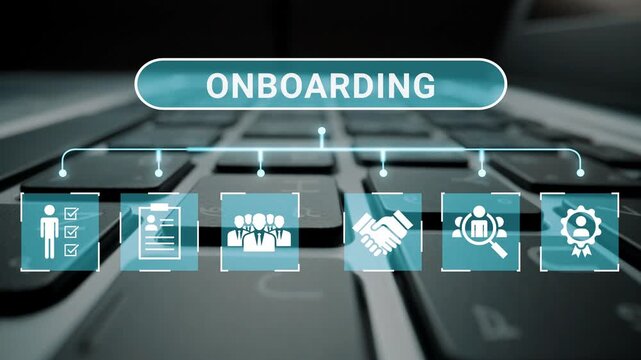 Comprehensive Overview of Employee Onboarding Process with Digital Icons and Keyboard Background for Business and HR Applications Gluon.