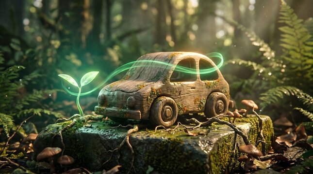 Small wooden toy car sitting on mossy stone in magical forest surrounded by lush green ferns and tiny mushrooms showing sustainable transport and eco friendly concept.