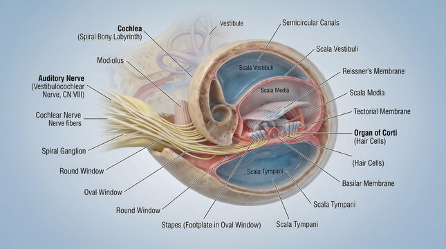 Detailed anatomical cross section diagram of human cochlea and organ of Corti