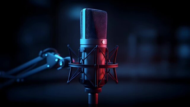 Professional condenser microphone mounted on a sturdy stand for high quality studio recording sessions captures clear audio in a dark room with vibrant neon lighting
