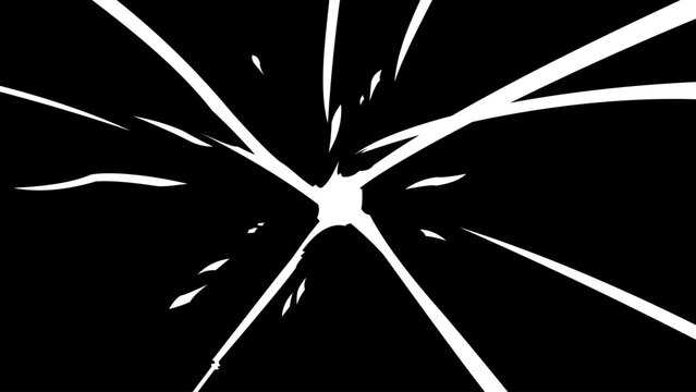 Dynamic black and white manga impact effect with sharp radial streaks exploding from a central point, creating a dramatic sense of speed, force, collision and energy for anime and comic artwork.