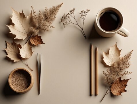 Autumnal flat lay featuring dried leaves, coffee mug, pencils, and small seeds in a wooden bowl. Neutral desk setup suggests cozy creative work or study for a fall season mood.