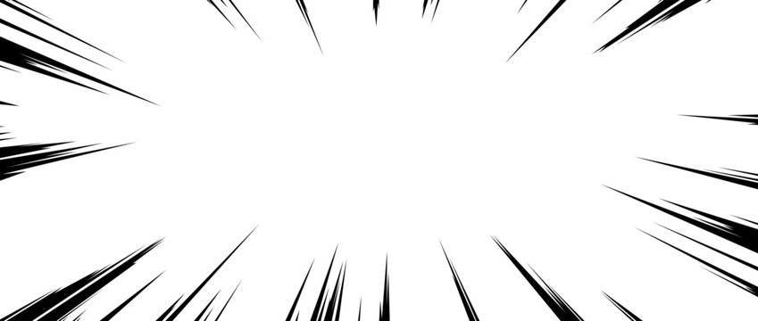 Black and white manga motion lines radiating from a large central open space. Sharp tapered streaks create a strong sense of speed, movement, acceleration, and dramatic impact.