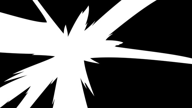 Bold black and white manga impact burst with a large sharp central flash and powerful directional streaks, creating a dramatic comic action effect for anime illustrations and graphic backgrounds.