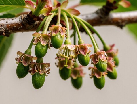 Tiny green cherry ovaries with delicate pink petals hang on a tree branch. Small fruit begins to grow after spring blossoms, signaling new life and upcoming summer harvest.
