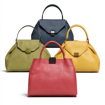 Women's handbags sit against white backgrounds.